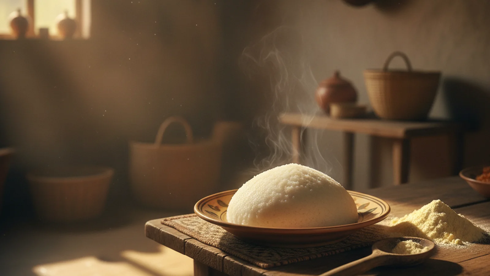 A mound of white ugali on a plate next to a pile of raw maize flour